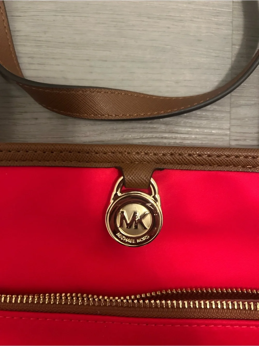Michael Kors Red Crossbody with Brown Trim and Gold Hardware